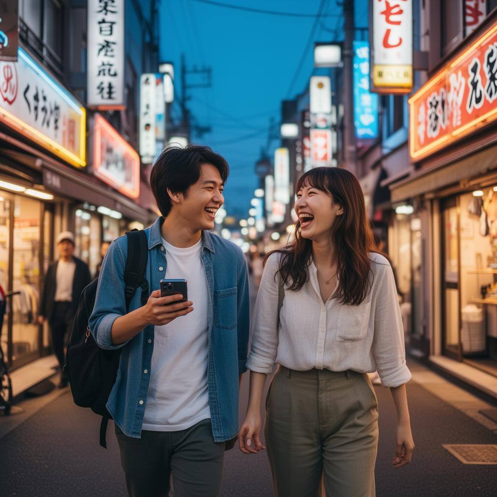 Couple exploring Japan with WiFi connection