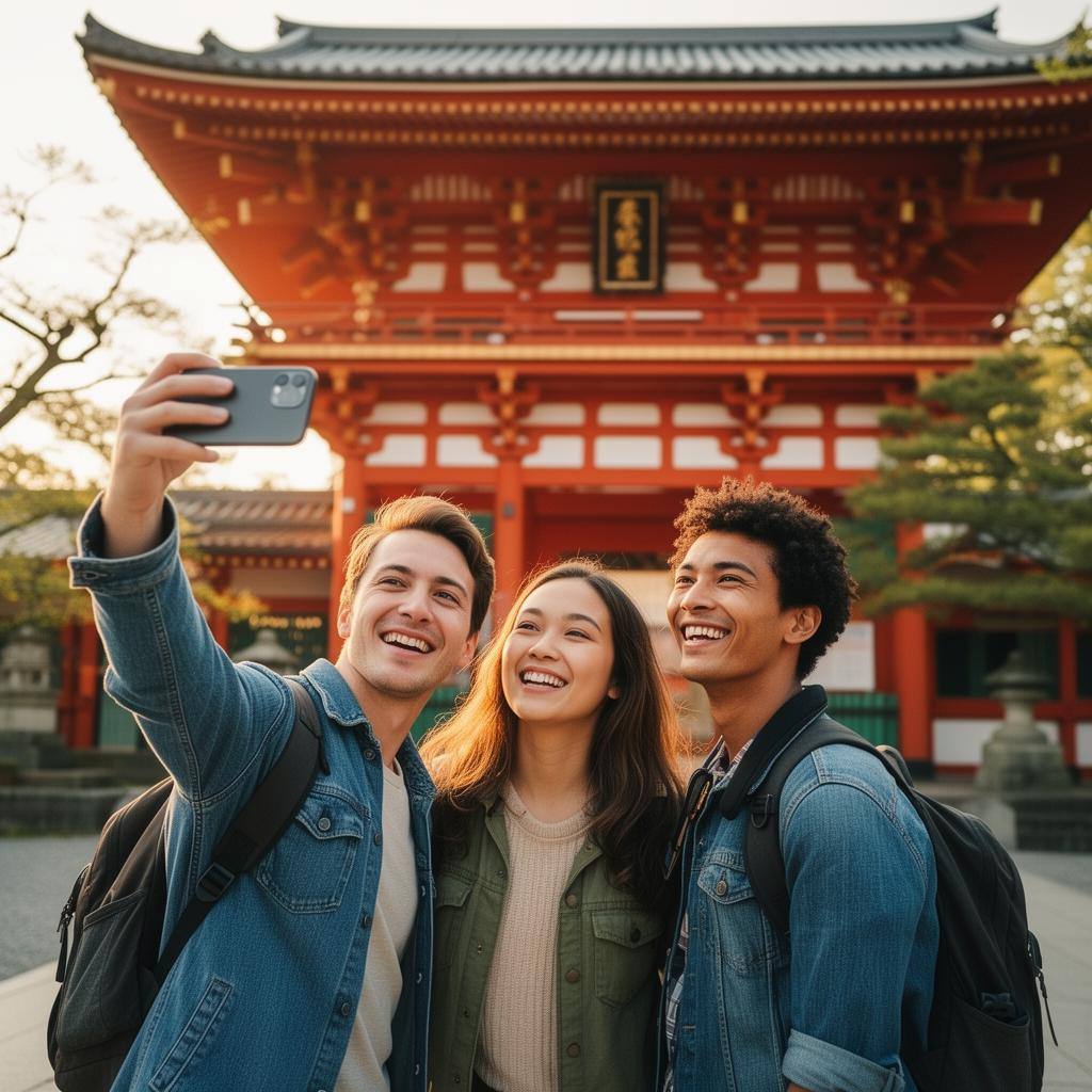 Friends sharing travel moments in Japan