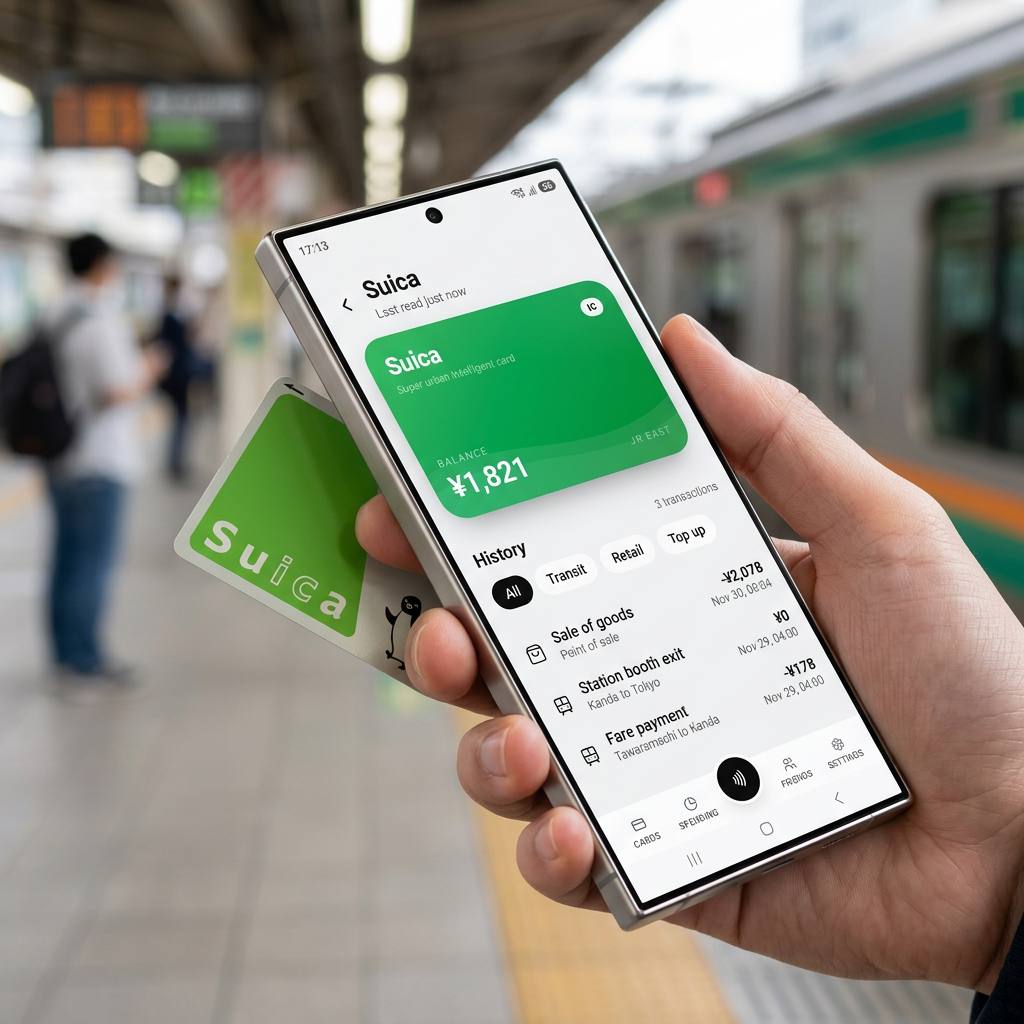 Samsung Android phone tapping a Japanese Suica IC card to read its balance with NFC Japan