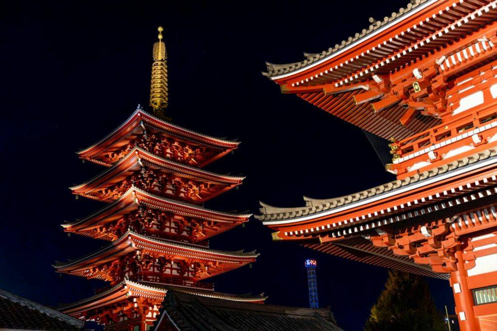Senso-ji pagoda illuminated at night