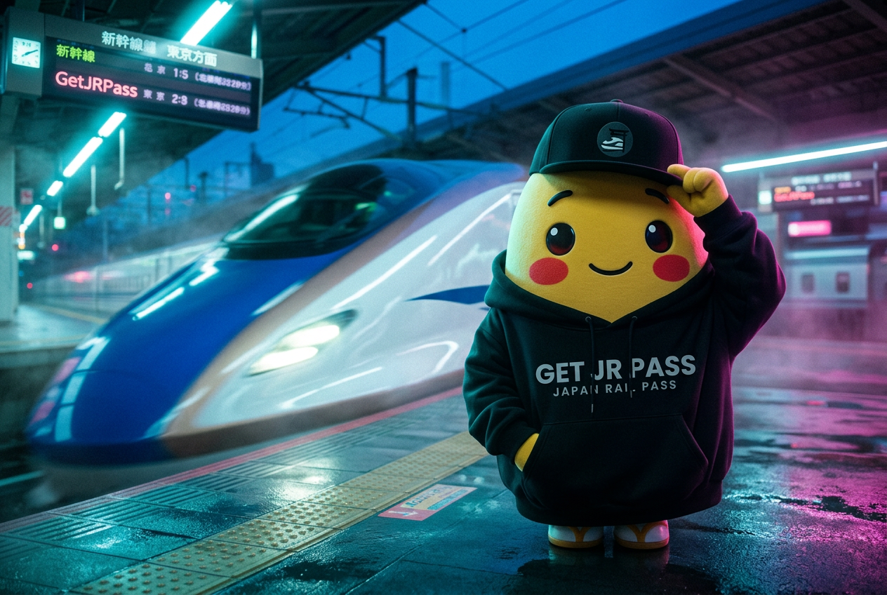 Yuki-san, the GetJRPass and UseJapan mascot at a Shinkansen station